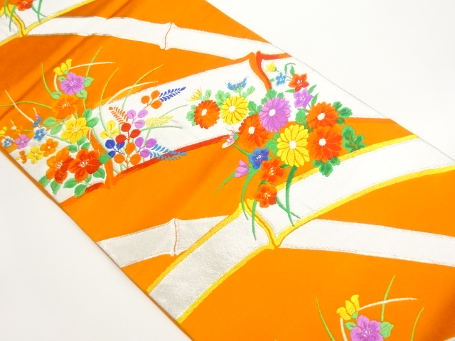 竹に草花模様織出し袋帯